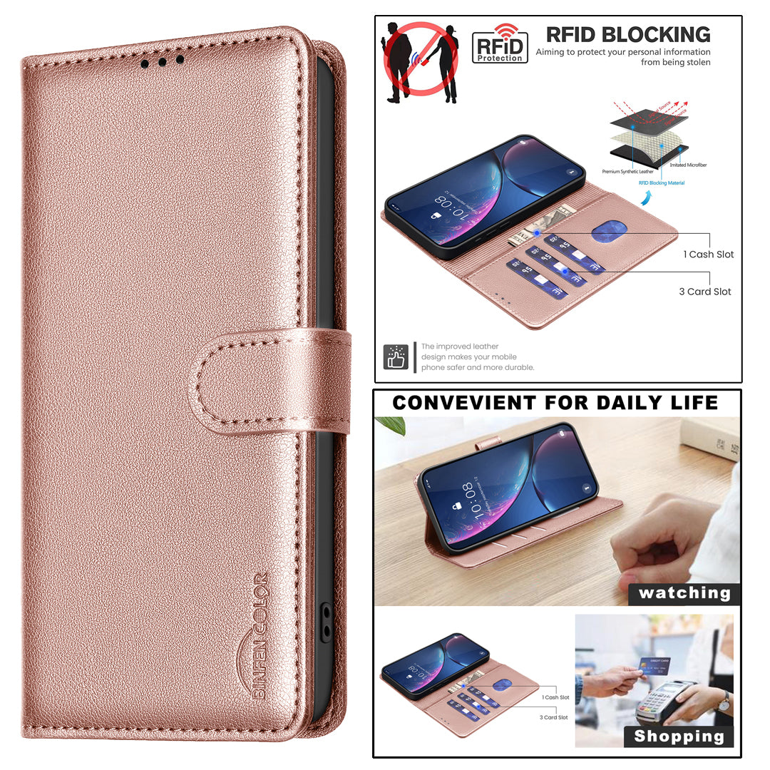 For Xiaomi Redmi Note 15 Pro 4G (Global) Leather Case BINFEN COLOR BF32 Wallet RFID Blocking Phone Cover - Rose Gold