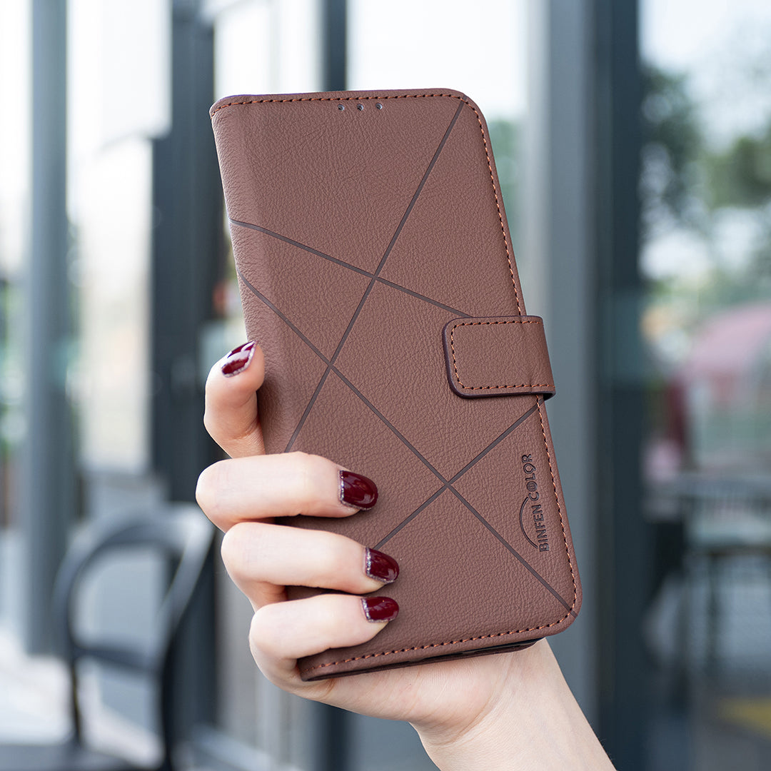 For Xiaomi Redmi Note 15 Pro 4G (Global) Case BINFEN COLOR BF35 Geometry Imprinted Leather Phone Cover RFID Blocking Wallet Stand - Brown