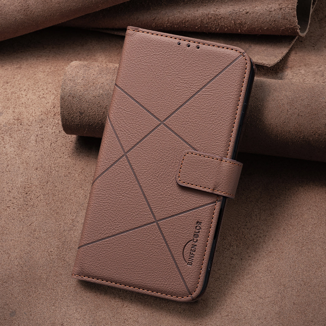 For Xiaomi Redmi Note 15 Pro 4G (Global) Case BINFEN COLOR BF35 Geometry Imprinted Leather Phone Cover RFID Blocking Wallet Stand - Brown