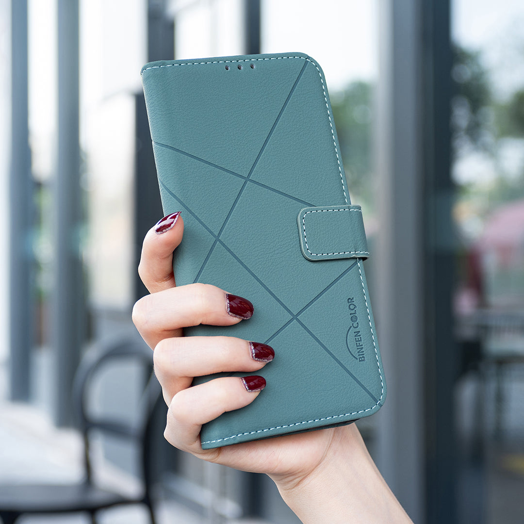 For Xiaomi Redmi Note 15 Pro 4G (Global) Case BINFEN COLOR BF35 Geometry Imprinted Leather Phone Cover RFID Blocking Wallet Stand - Green