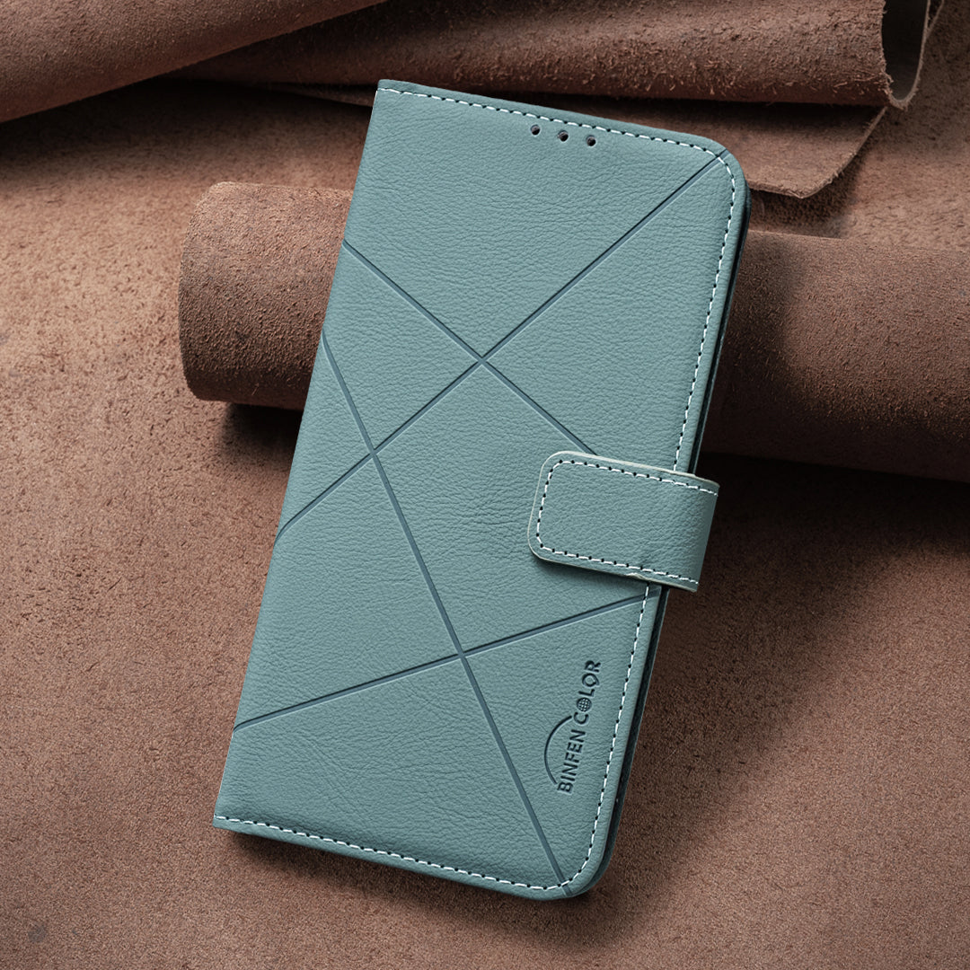 For Xiaomi Redmi Note 15 Pro 4G (Global) Case BINFEN COLOR BF35 Geometry Imprinted Leather Phone Cover RFID Blocking Wallet Stand - Green
