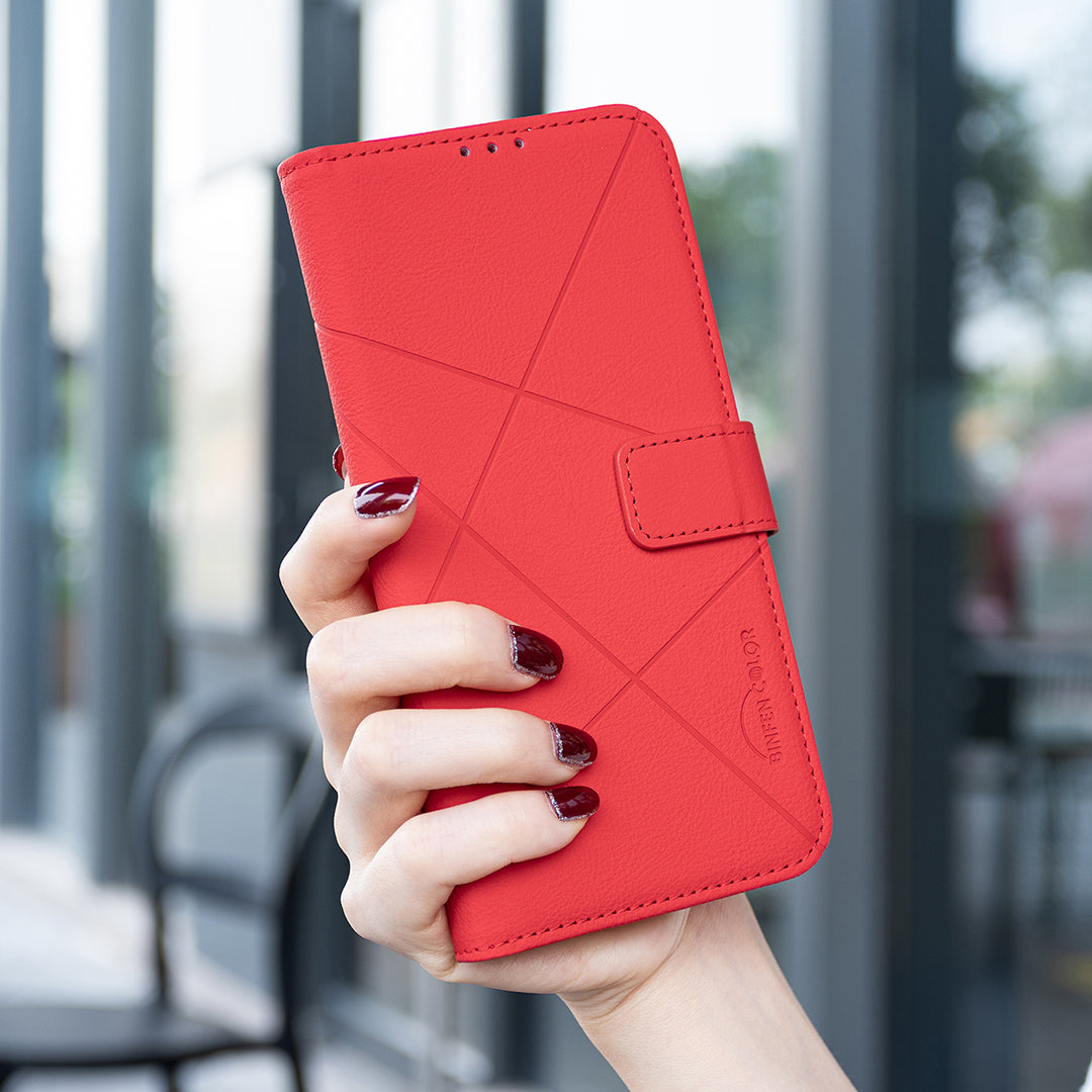 For Xiaomi Redmi Note 15 Pro 4G (Global) Case BINFEN COLOR BF35 Geometry Imprinted Leather Phone Cover RFID Blocking Wallet Stand - Red