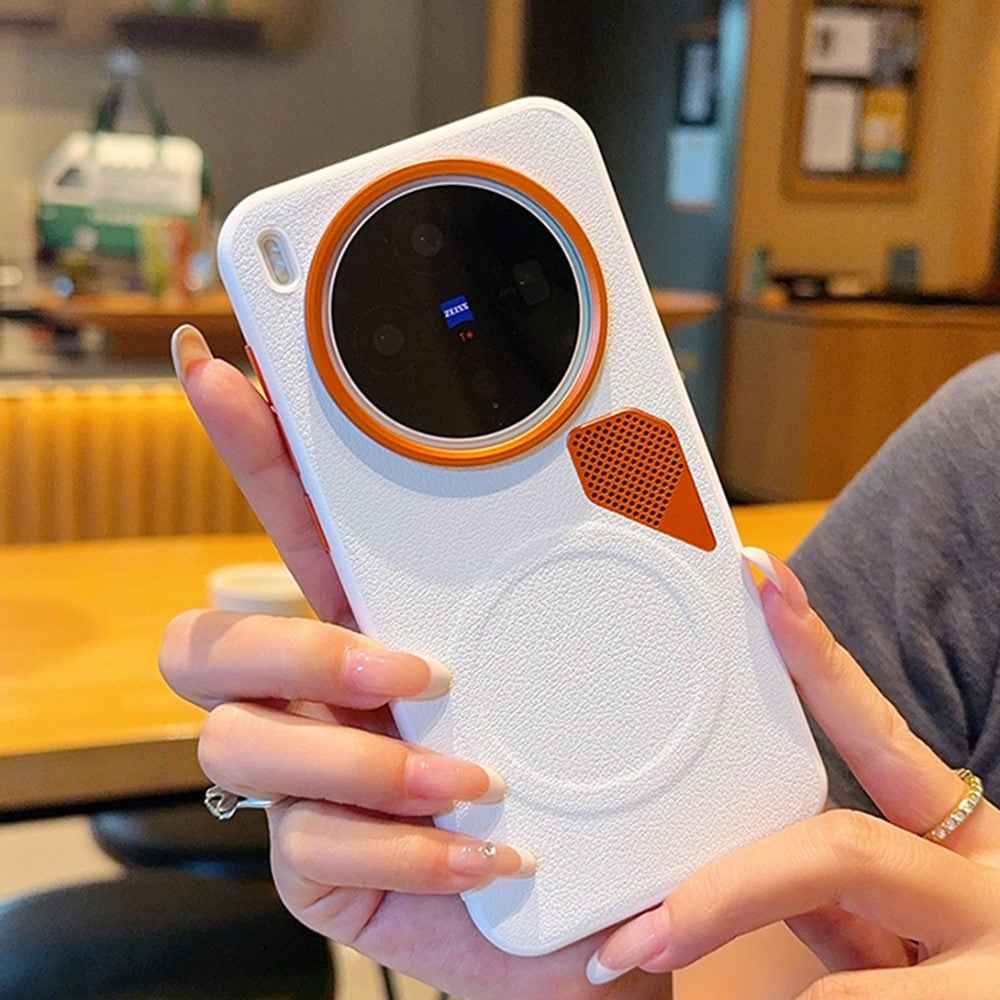 For vivo X300 5G Magnetic Case Leather Coated PC + TPU Phone Cover with Heat Dissipation Sheet - White