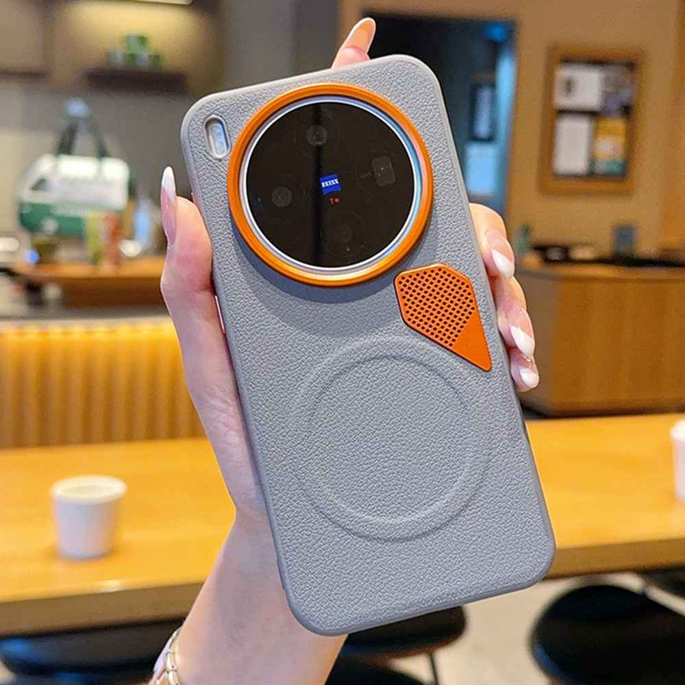 For vivo X300 5G Magnetic Case Leather Coated PC + TPU Phone Cover with Heat Dissipation Sheet - Grey