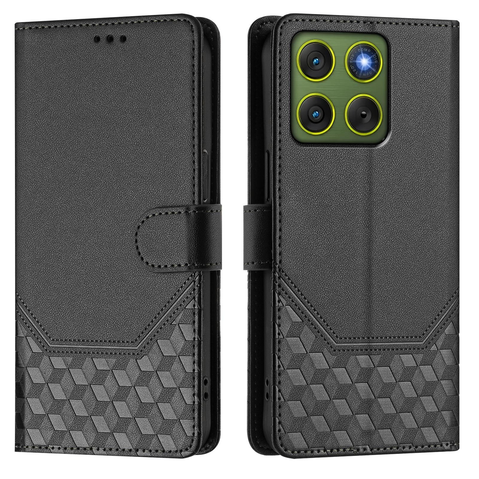 For Motorola Edge 70 5G Case Imprinted Honeycomb RFID Blocking Leather Phone Cover with Strap - Black