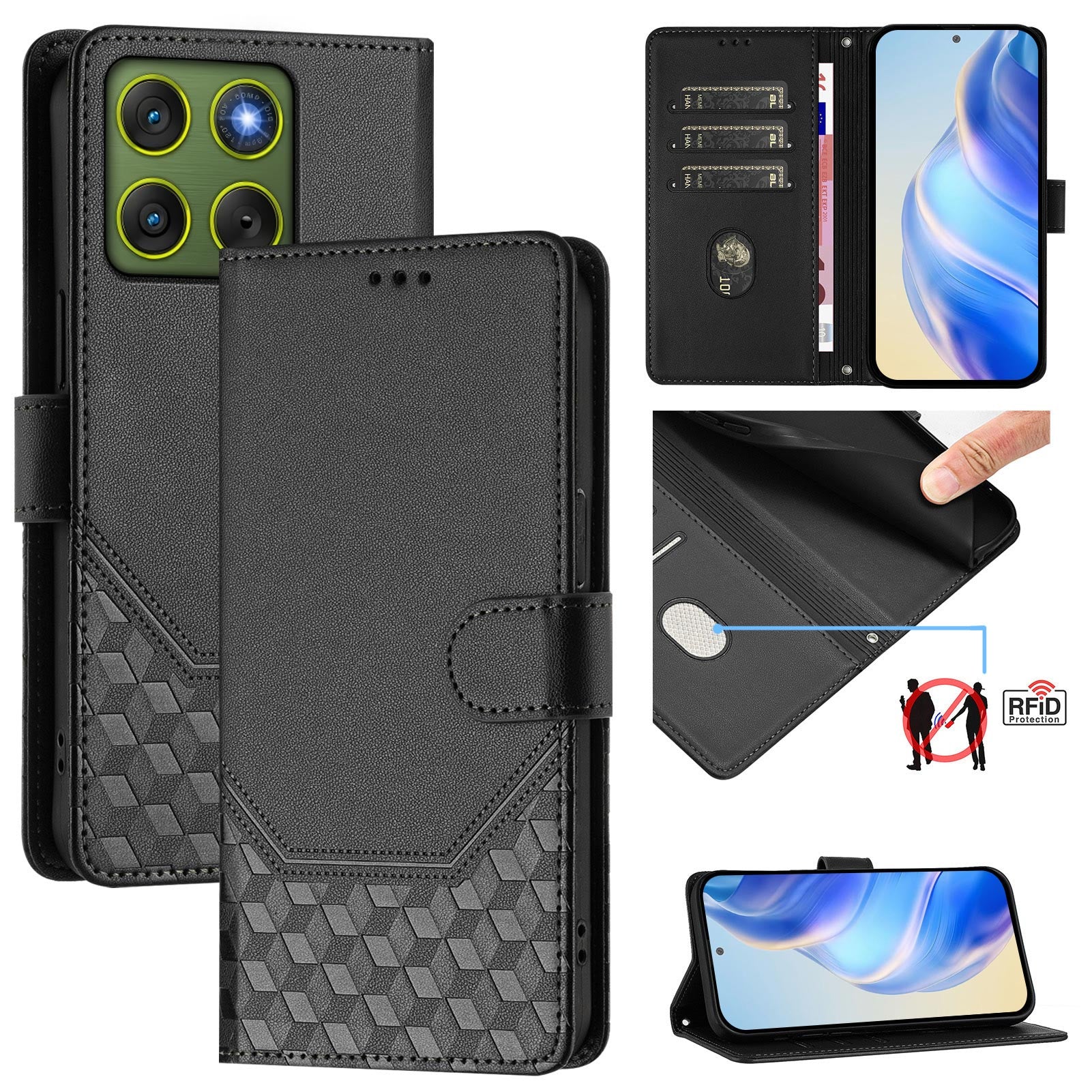 For Motorola Edge 70 5G Case Imprinted Honeycomb RFID Blocking Leather Phone Cover with Strap - Black