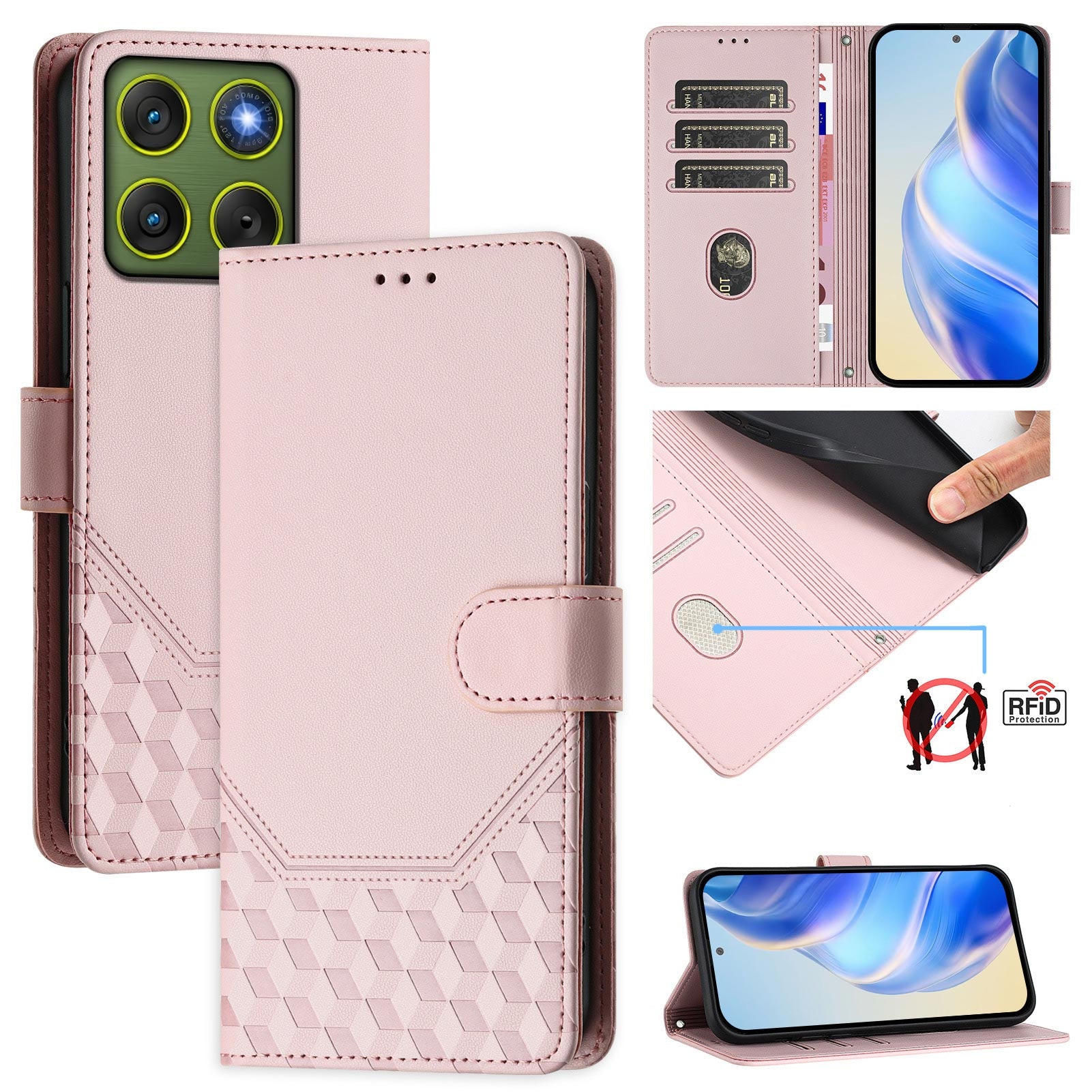 For Motorola Edge 70 5G Case Imprinted Honeycomb RFID Blocking Leather Phone Cover with Strap - Pink