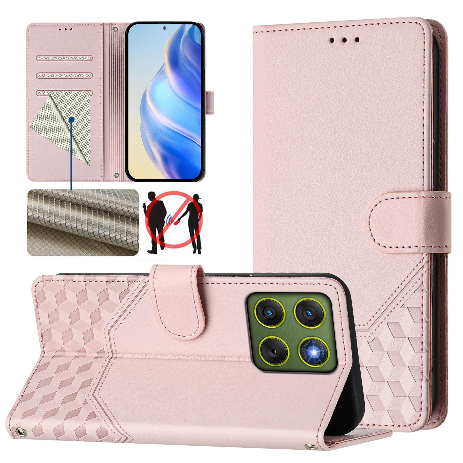 For Motorola Edge 70 5G Case Imprinted Honeycomb RFID Blocking Leather Phone Cover with Strap - Pink