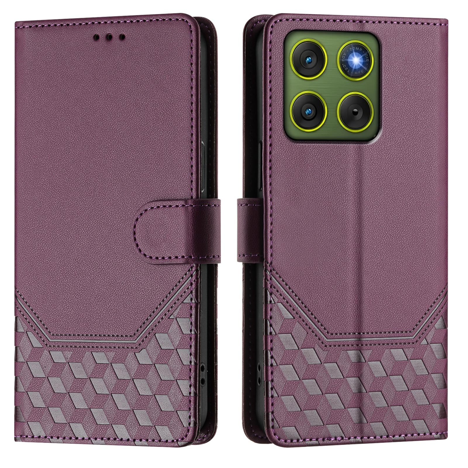 For Motorola Edge 70 5G Case Imprinted Honeycomb RFID Blocking Leather Phone Cover with Strap - Dark Purple