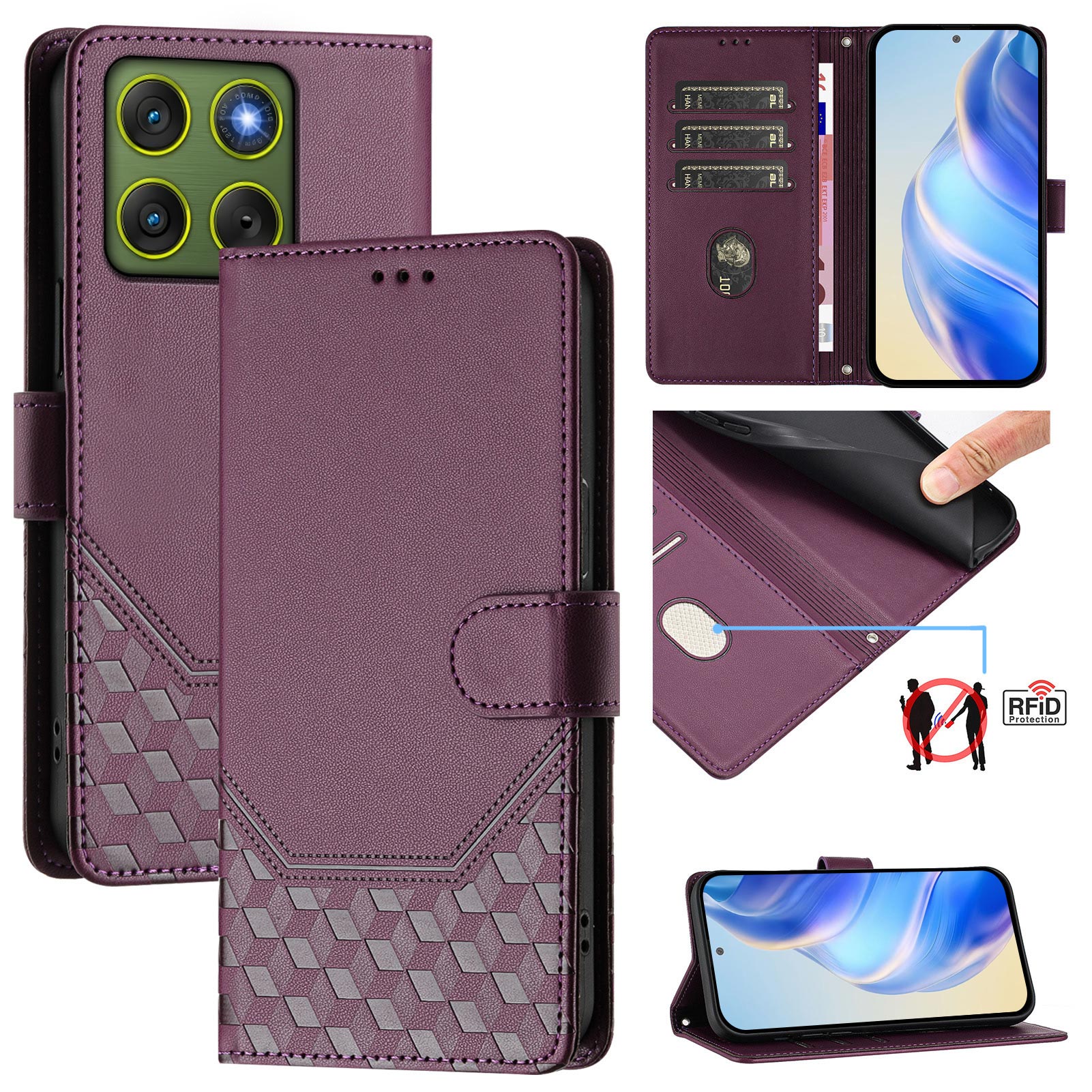 For Motorola Edge 70 5G Case Imprinted Honeycomb RFID Blocking Leather Phone Cover with Strap - Dark Purple