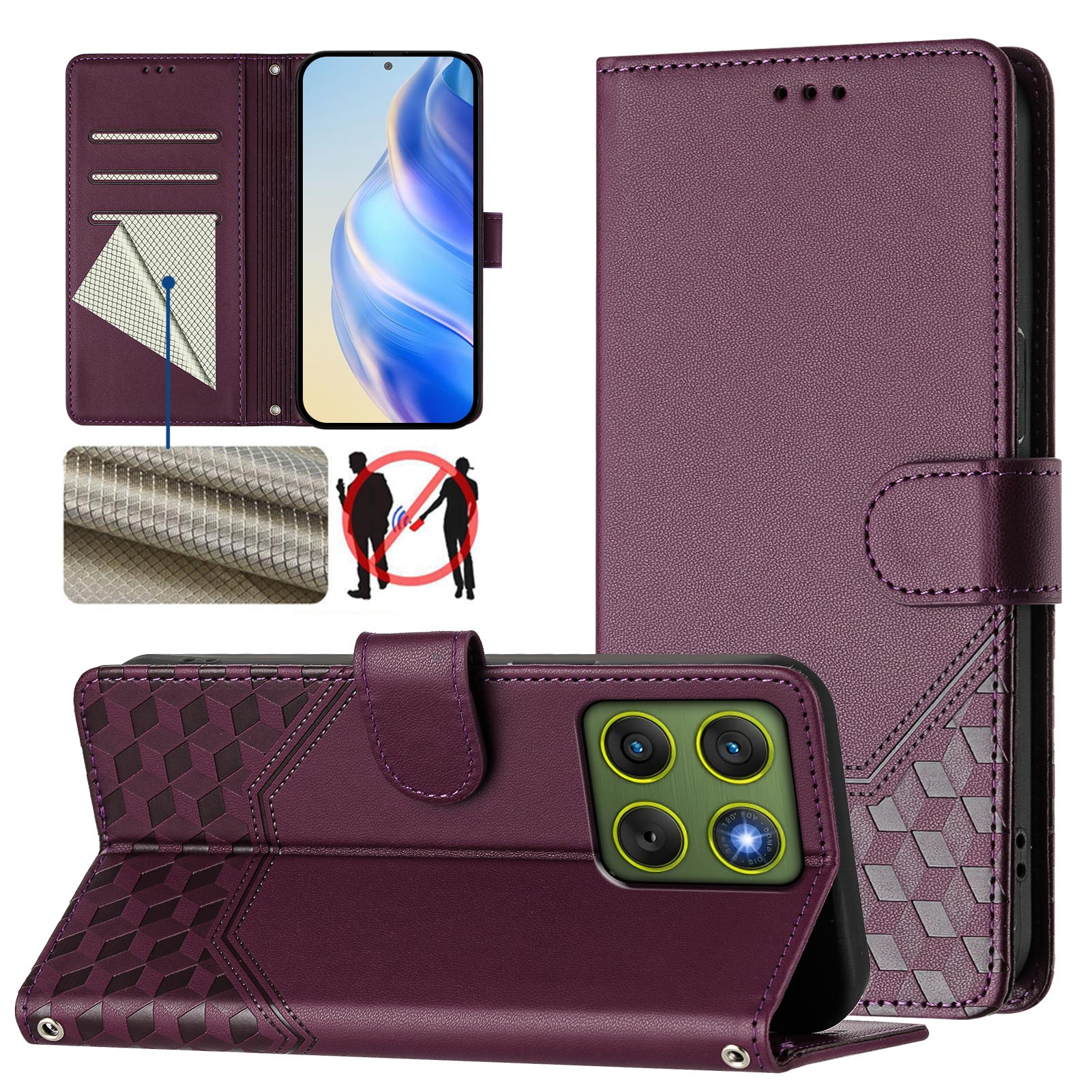 For Motorola Edge 70 5G Case Imprinted Honeycomb RFID Blocking Leather Phone Cover with Strap - Dark Purple