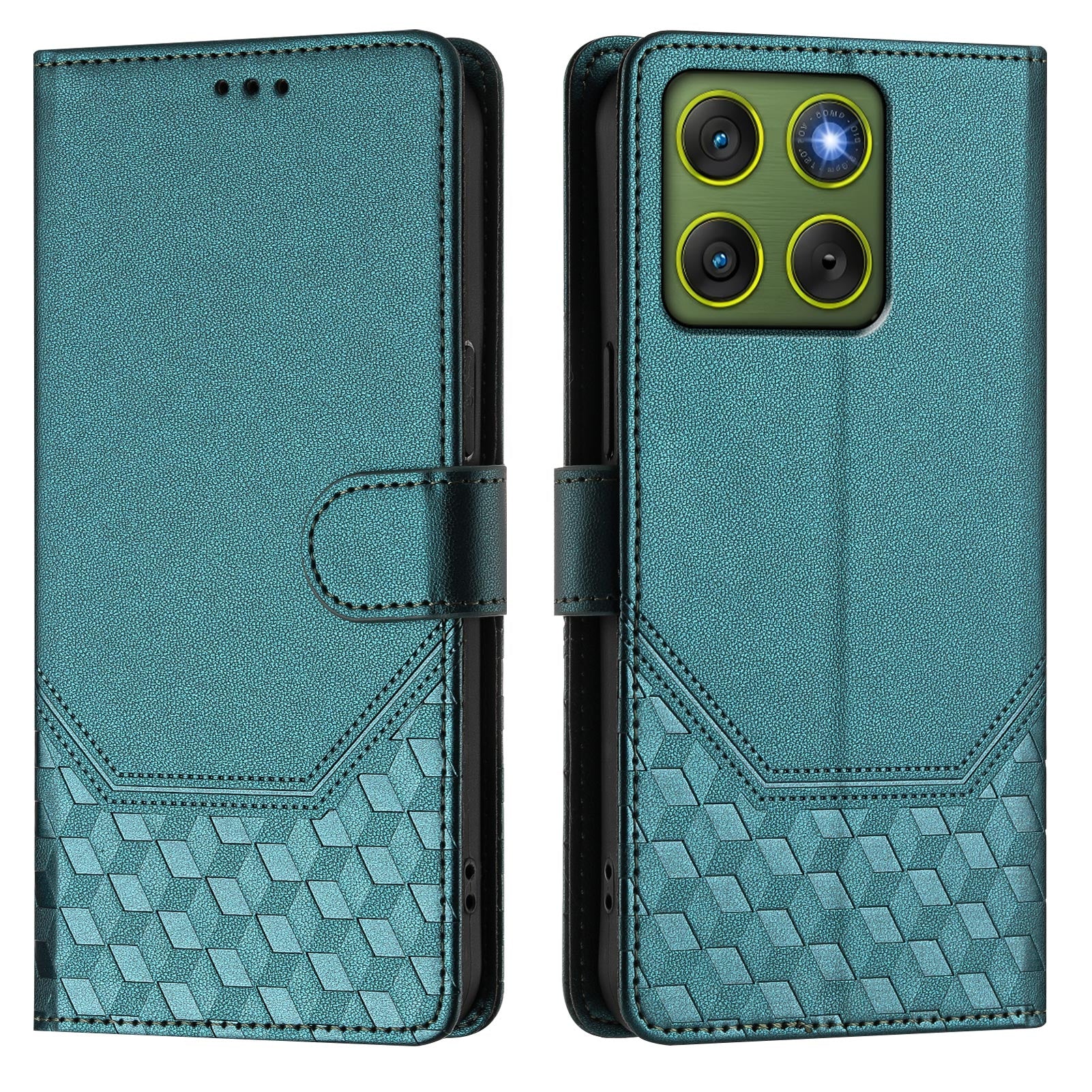 For Motorola Edge 70 5G Case Imprinted Honeycomb RFID Blocking Leather Phone Cover with Strap - Green