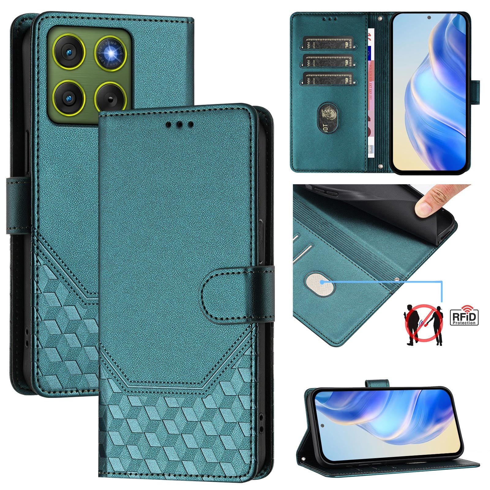 For Motorola Edge 70 5G Case Imprinted Honeycomb RFID Blocking Leather Phone Cover with Strap - Green