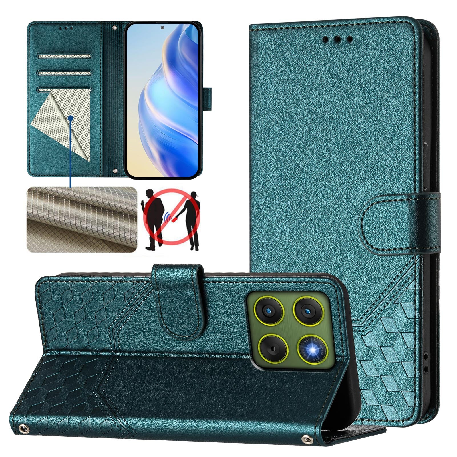 For Motorola Edge 70 5G Case Imprinted Honeycomb RFID Blocking Leather Phone Cover with Strap - Green