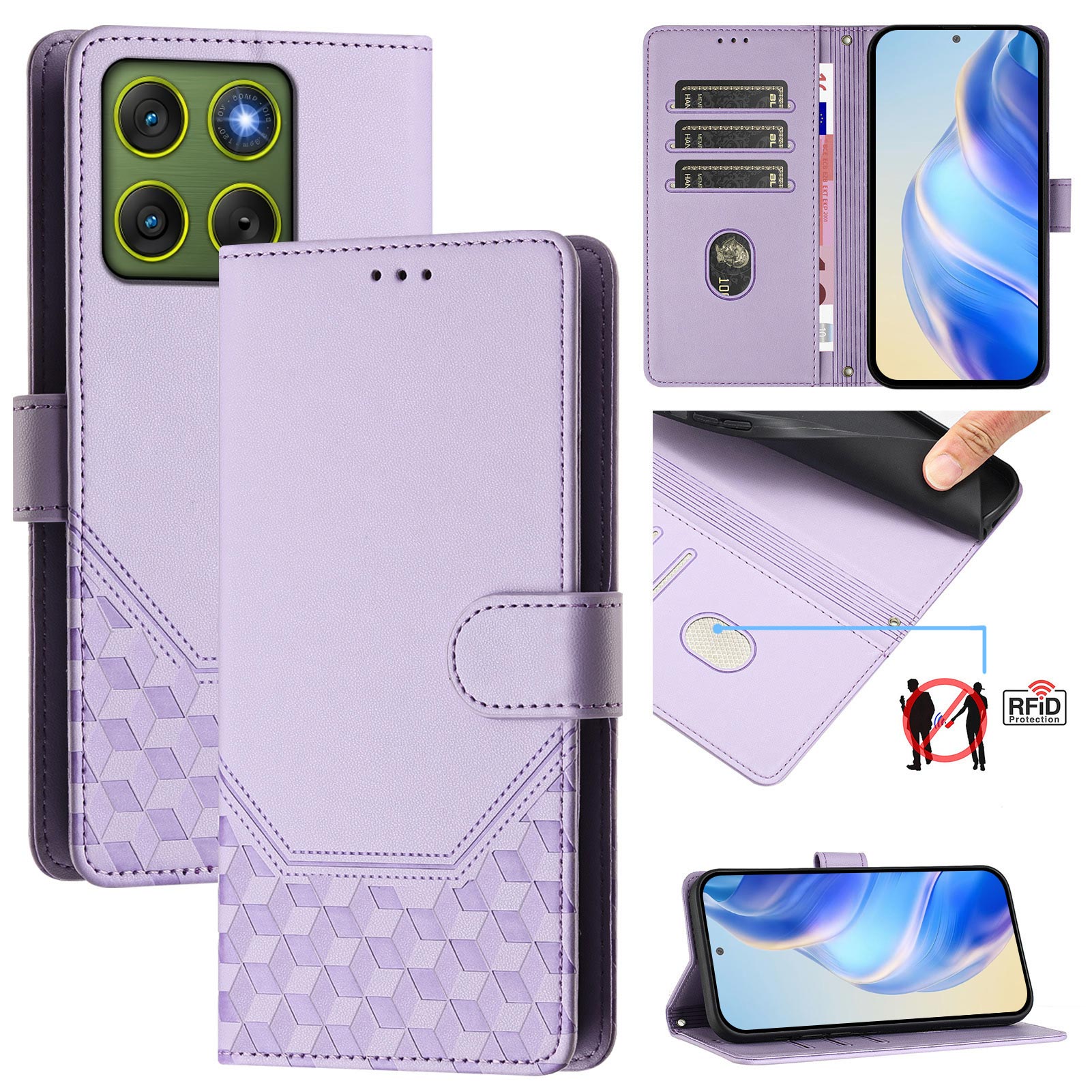 For Motorola Edge 70 5G Case Imprinted Honeycomb RFID Blocking Leather Phone Cover with Strap - Light Purple