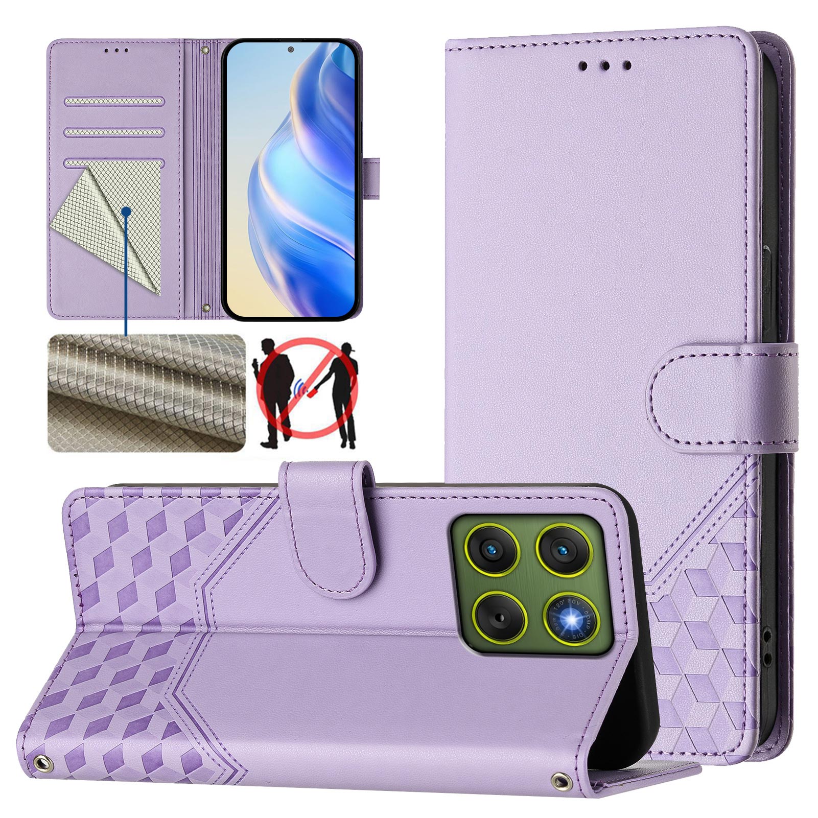 For Motorola Edge 70 5G Case Imprinted Honeycomb RFID Blocking Leather Phone Cover with Strap - Light Purple