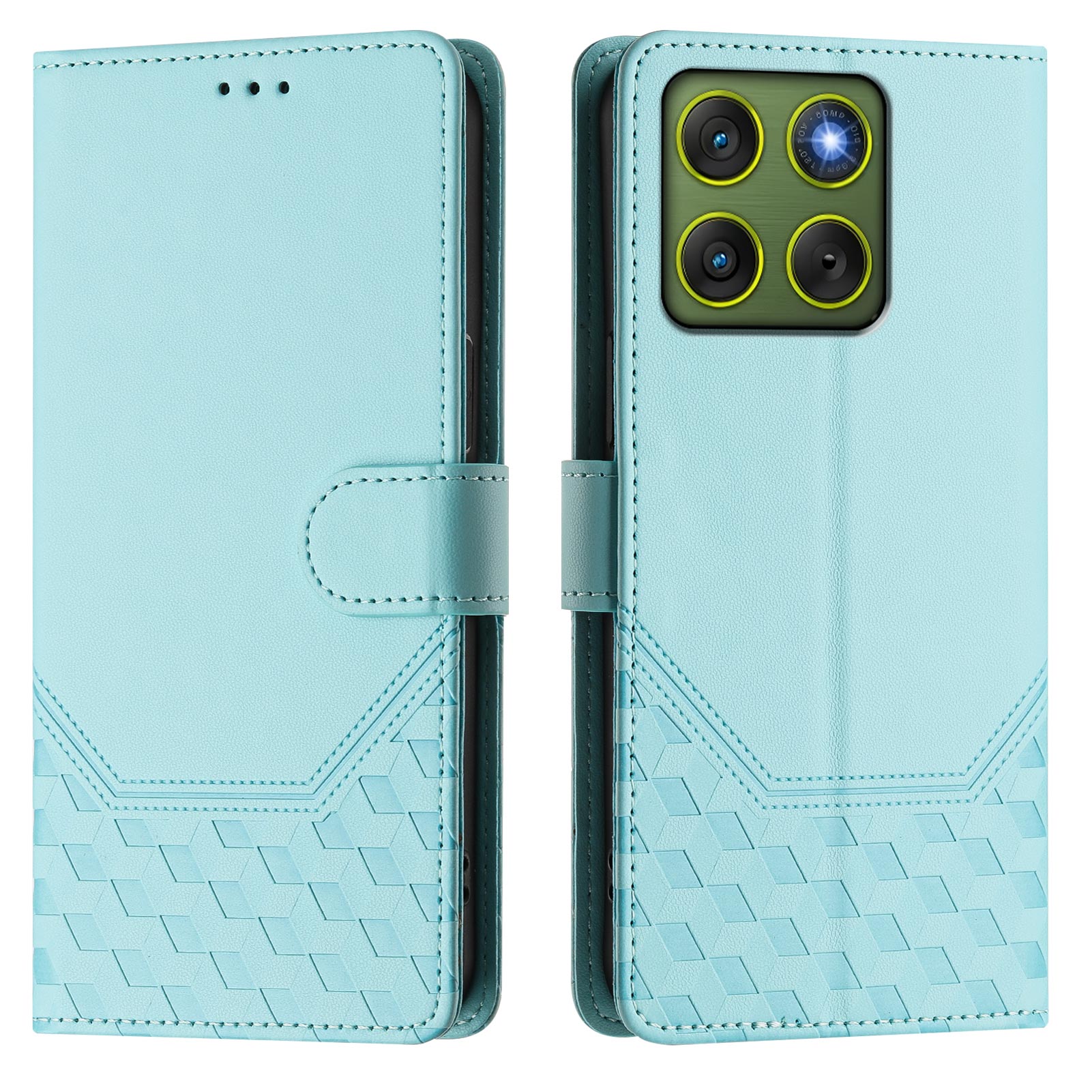 For Motorola Edge 70 5G Case Imprinted Honeycomb RFID Blocking Leather Phone Cover with Strap - Mint Green