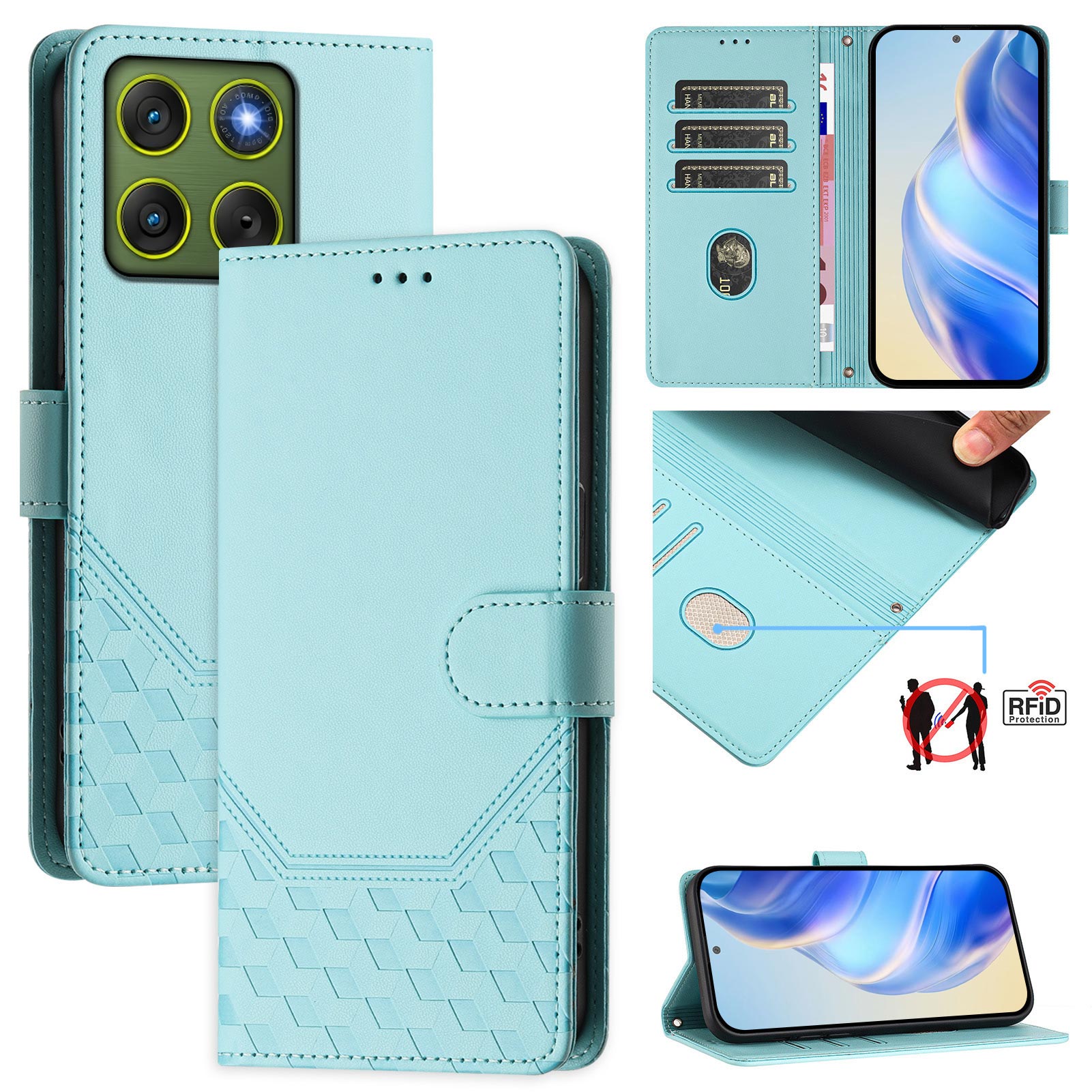 For Motorola Edge 70 5G Case Imprinted Honeycomb RFID Blocking Leather Phone Cover with Strap - Mint Green