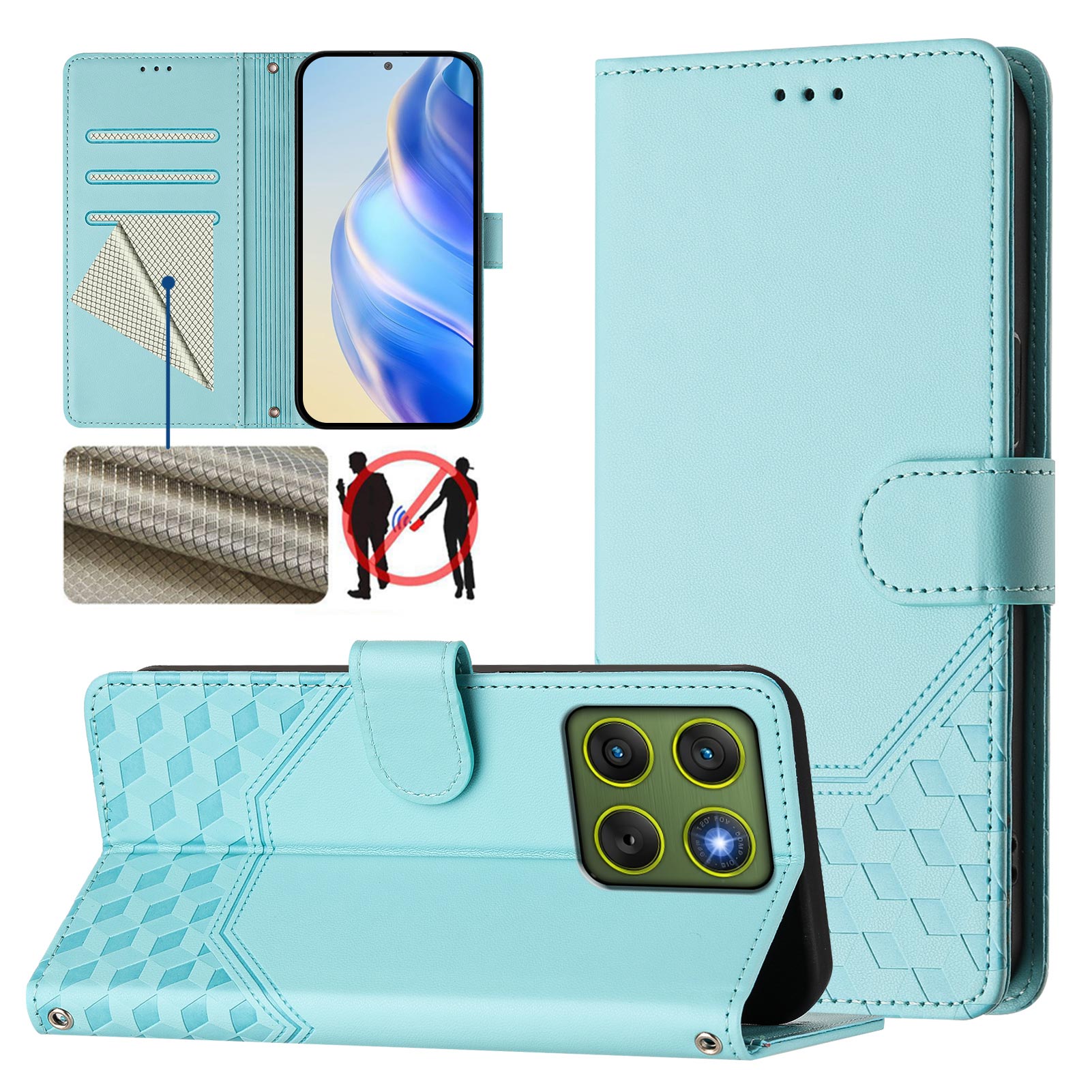 For Motorola Edge 70 5G Case Imprinted Honeycomb RFID Blocking Leather Phone Cover with Strap - Mint Green