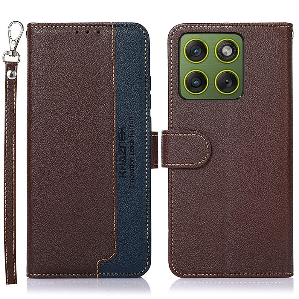 KHAZNEH For Motorola Edge 70 5G Case RFID Blocking Wallet Litchi Texture PU Leather Phone Cover with Strap - Brown