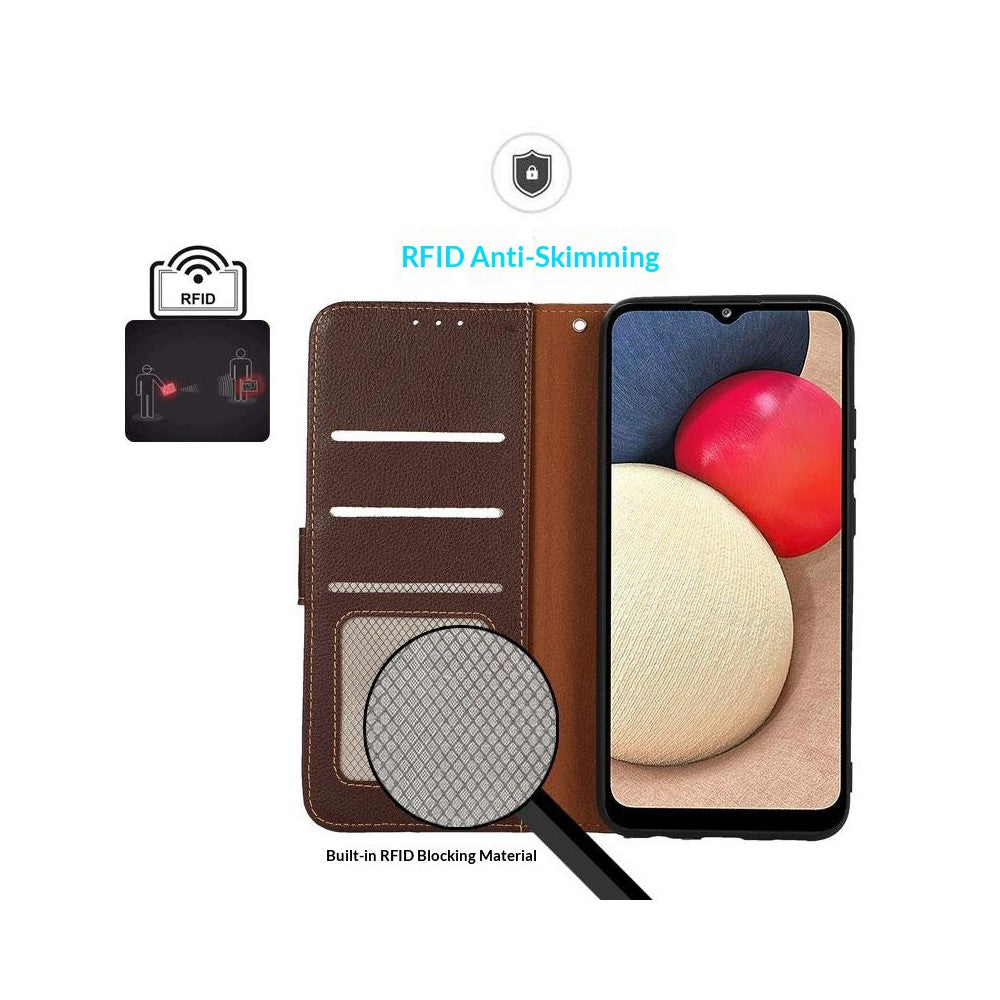 KHAZNEH For Motorola Edge 70 5G Case RFID Blocking Wallet Litchi Texture PU Leather Phone Cover with Strap - Brown