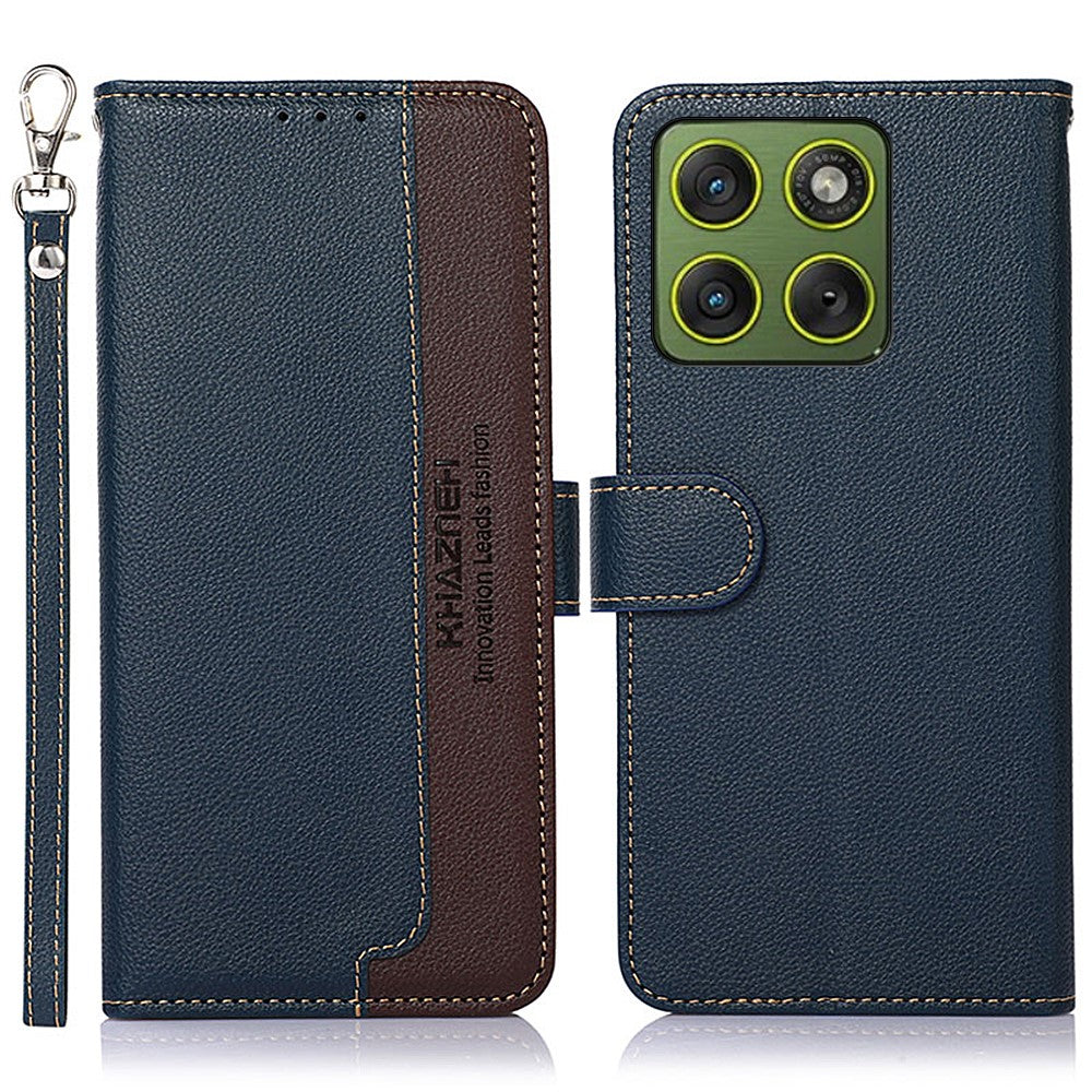 KHAZNEH For Motorola Edge 70 5G Case RFID Blocking Wallet Litchi Texture PU Leather Phone Cover with Strap - Blue