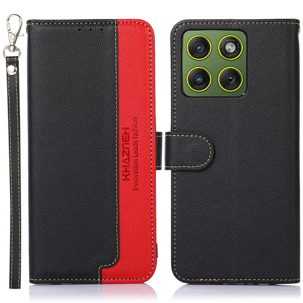 KHAZNEH For Motorola Edge 70 5G Case RFID Blocking Wallet Litchi Texture PU Leather Phone Cover with Strap - Black