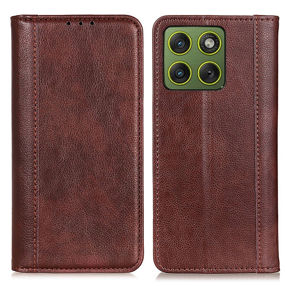 For Motorola Edge 70 5G Stand Case Split Leather Litchi Texture Wallet Phone Cover - Brown