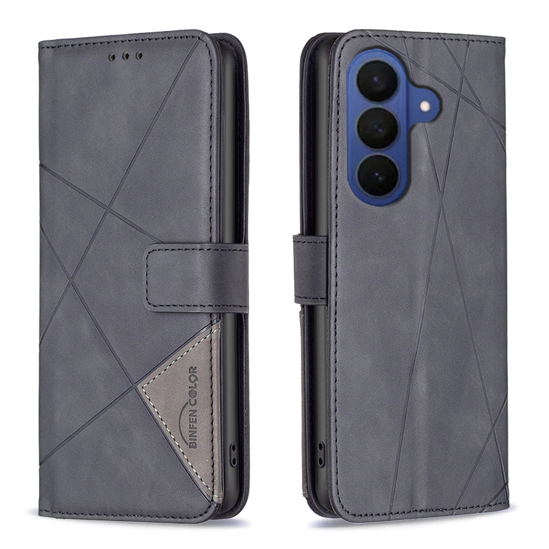 For Samsung Galaxy A57 5G Phone Case BINFEN COLOR Wallet Stand Geometry Imprinted Leather Cover - Black