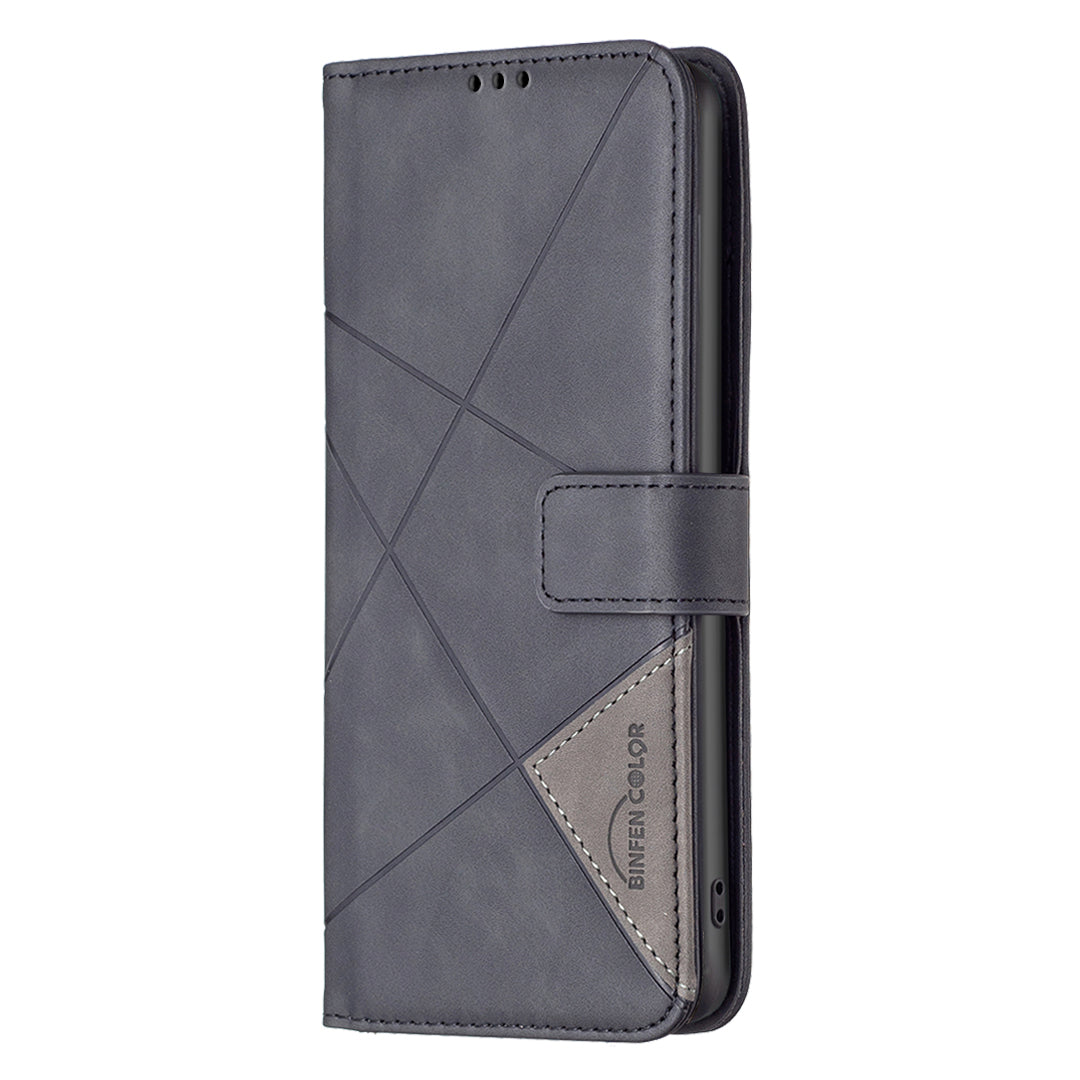 For Samsung Galaxy A57 5G Phone Case BINFEN COLOR Wallet Stand Geometry Imprinted Leather Cover - Black