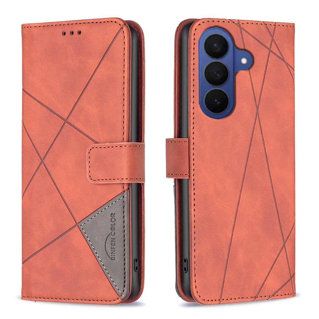 For Samsung Galaxy A57 5G Phone Case BINFEN COLOR Wallet Stand Geometry Imprinted Leather Cover - Brown