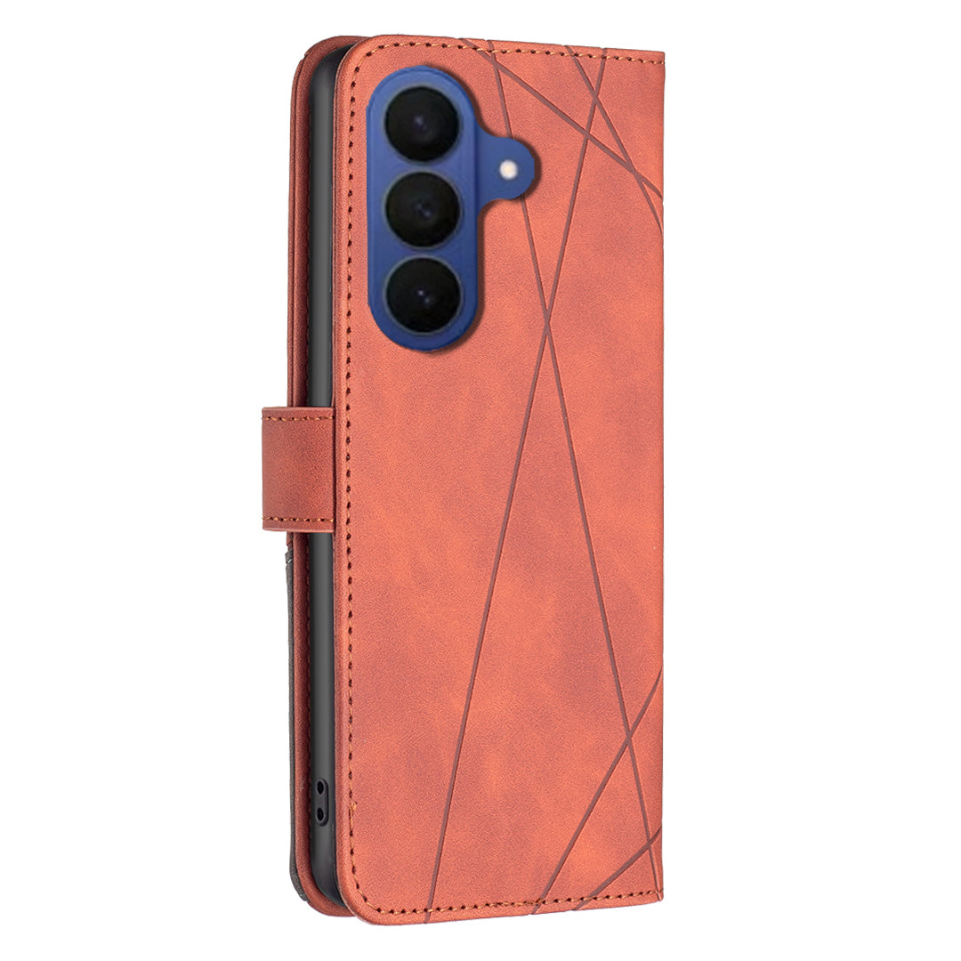 For Samsung Galaxy A57 5G Phone Case BINFEN COLOR Wallet Stand Geometry Imprinted Leather Cover - Brown