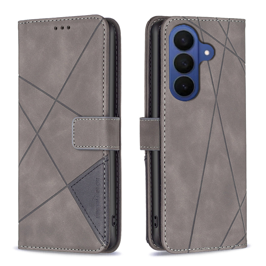 For Samsung Galaxy A57 5G Phone Case BINFEN COLOR Wallet Stand Geometry Imprinted Leather Cover - Grey