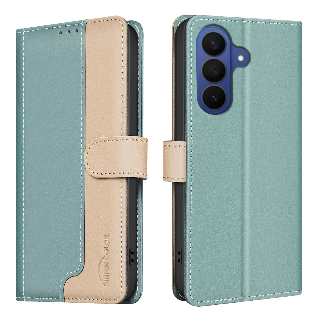 For Samsung Galaxy A57 5G Leather Case BINFEN COLOR Splicing Color RFID Blocking Wallet Stand Phone Cover - Green
