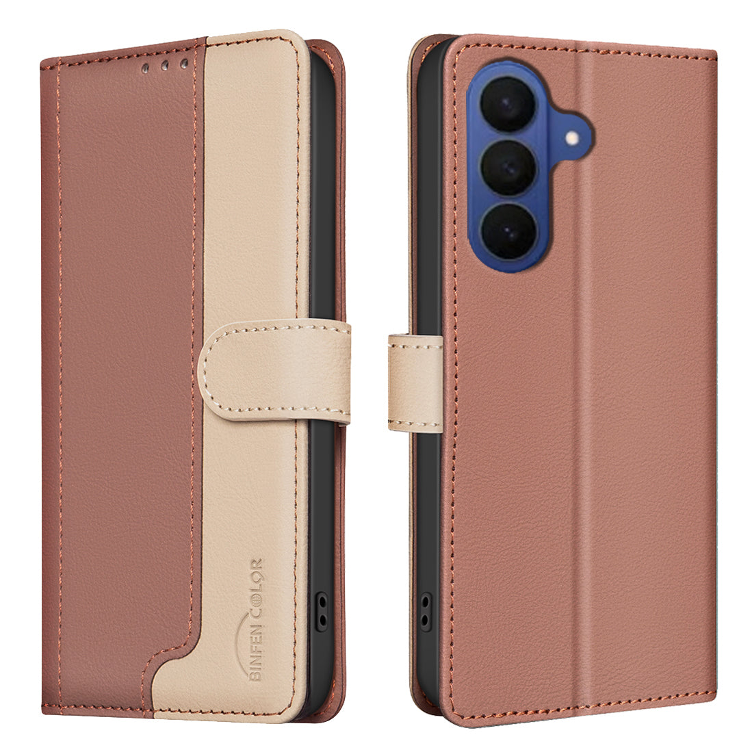 For Samsung Galaxy A57 5G Leather Case BINFEN COLOR Splicing Color RFID Blocking Wallet Stand Phone Cover - Brown