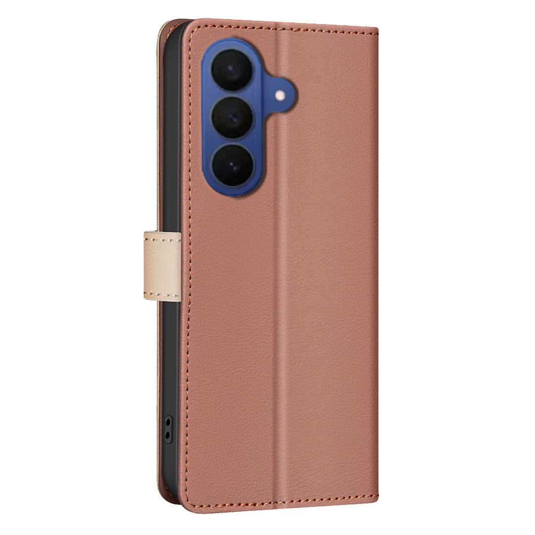 For Samsung Galaxy A57 5G Leather Case BINFEN COLOR Splicing Color RFID Blocking Wallet Stand Phone Cover - Brown