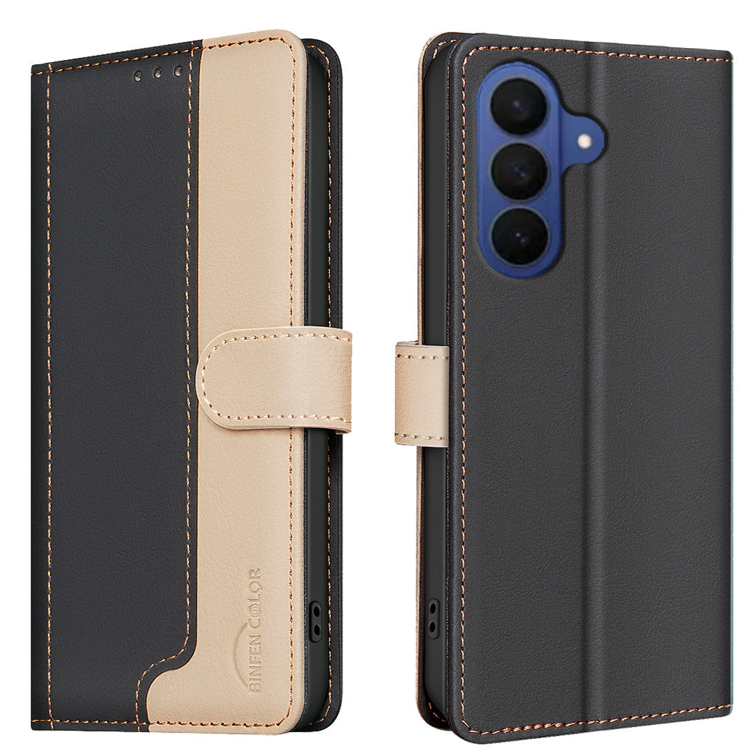 For Samsung Galaxy A57 5G Leather Case BINFEN COLOR Splicing Color RFID Blocking Wallet Stand Phone Cover - Black