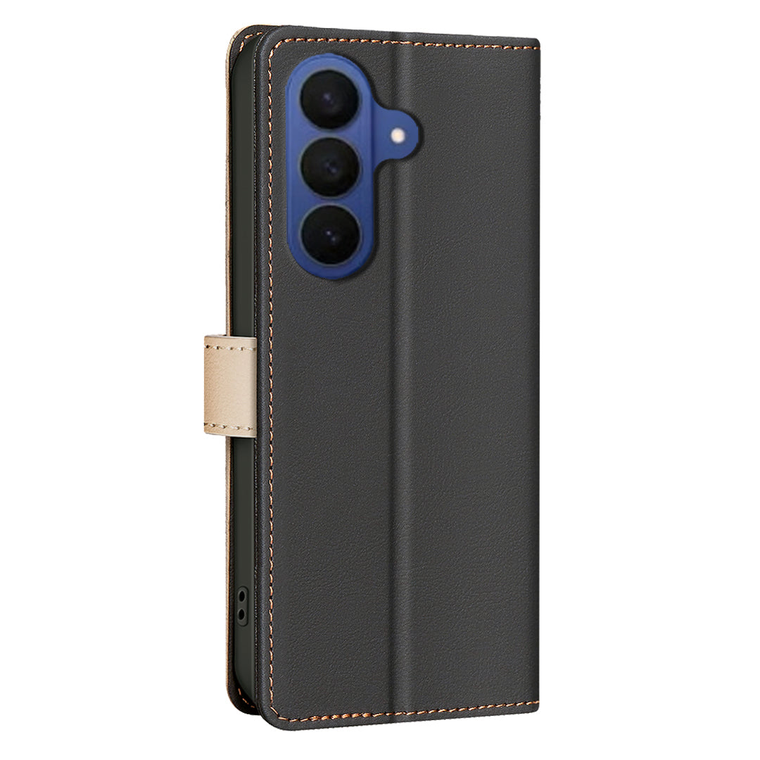 For Samsung Galaxy A57 5G Leather Case BINFEN COLOR Splicing Color RFID Blocking Wallet Stand Phone Cover - Black