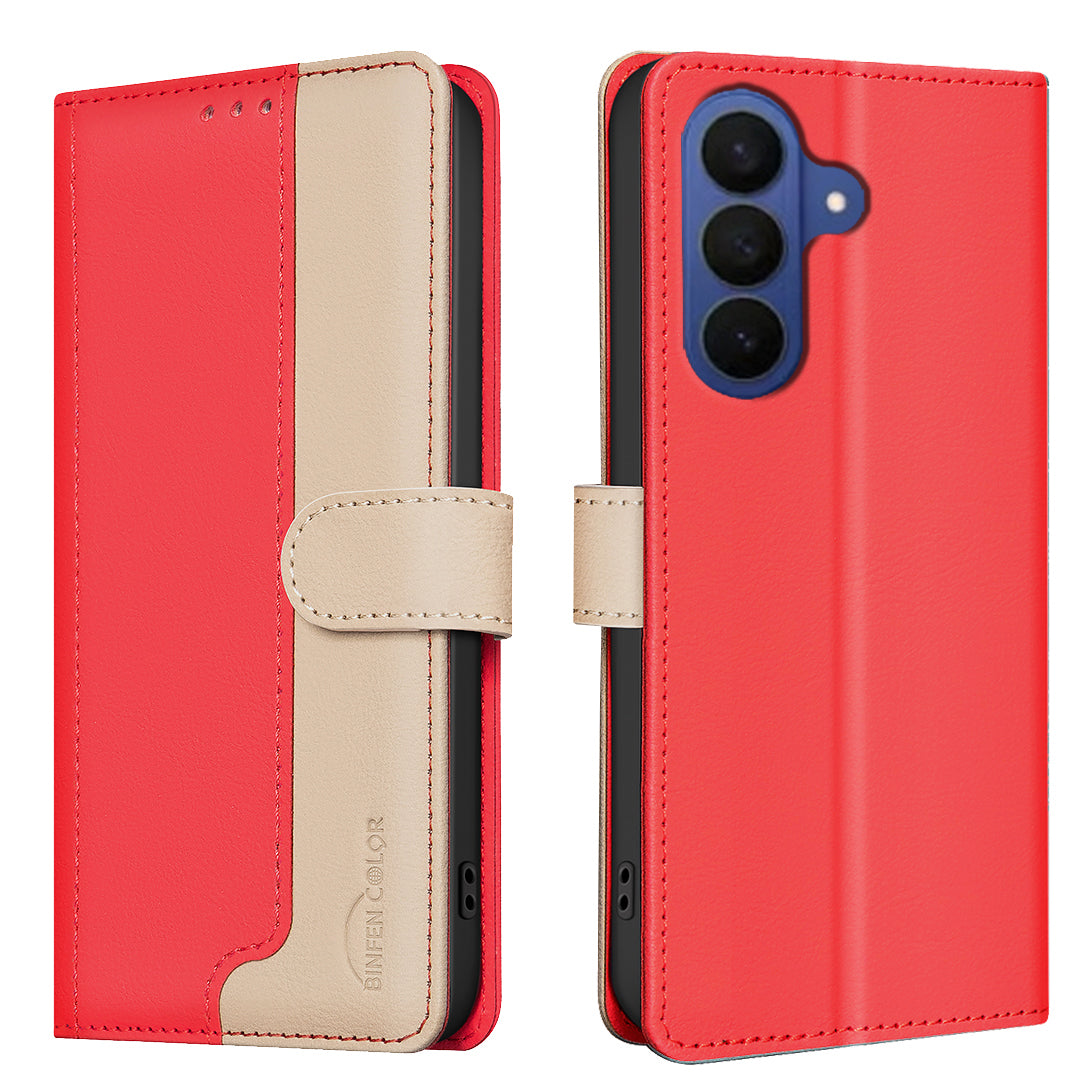 For Samsung Galaxy A57 5G Leather Case BINFEN COLOR Splicing Color RFID Blocking Wallet Stand Phone Cover - Red
