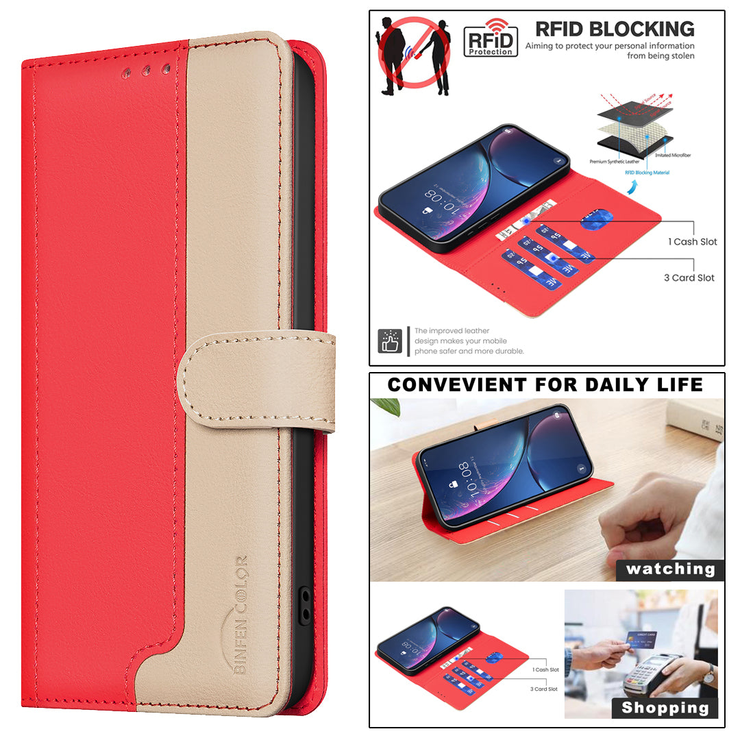 For Samsung Galaxy A57 5G Leather Case BINFEN COLOR Splicing Color RFID Blocking Wallet Stand Phone Cover - Red