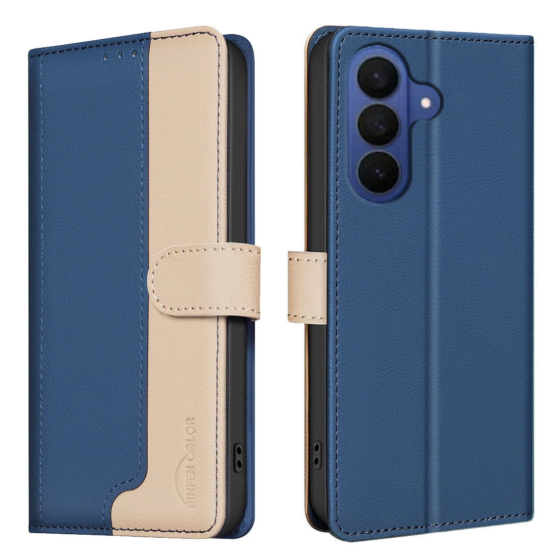 For Samsung Galaxy A57 5G Leather Case BINFEN COLOR Splicing Color RFID Blocking Wallet Stand Phone Cover - Blue