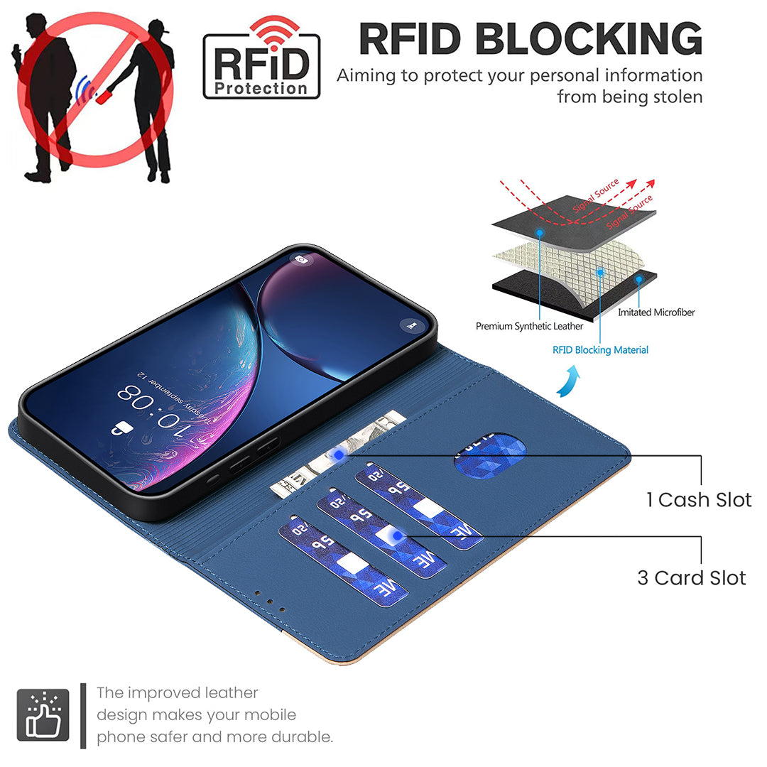 For Samsung Galaxy A57 5G Leather Case BINFEN COLOR Splicing Color RFID Blocking Wallet Stand Phone Cover - Blue