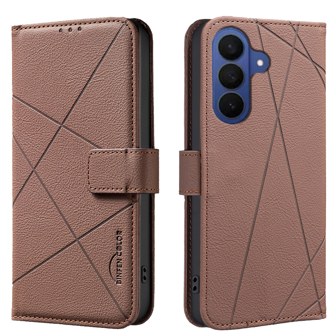 For Samsung Galaxy A57 5G Case BINFEN COLOR BF35 Geometry Imprinted Leather Phone Cover RFID Blocking Wallet Stand - Brown