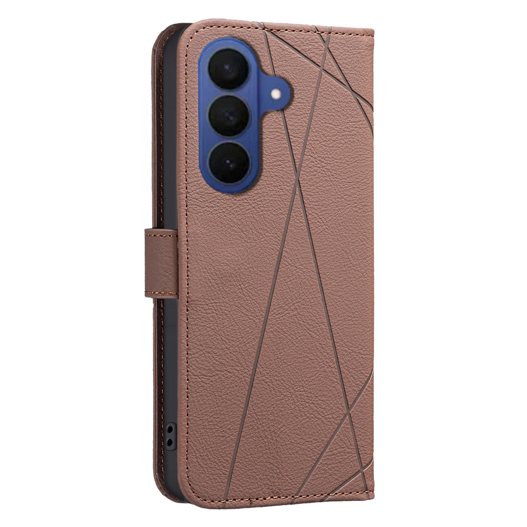 For Samsung Galaxy A57 5G Case BINFEN COLOR BF35 Geometry Imprinted Leather Phone Cover RFID Blocking Wallet Stand - Brown