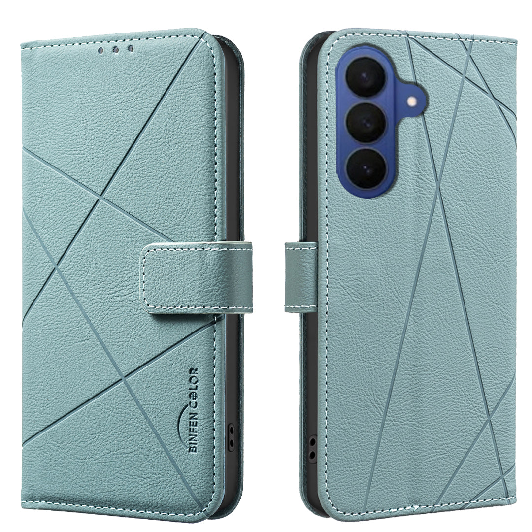 For Samsung Galaxy A57 5G Case BINFEN COLOR BF35 Geometry Imprinted Leather Phone Cover RFID Blocking Wallet Stand - Green