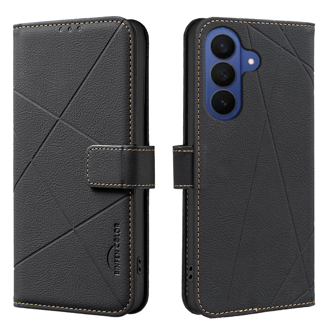 For Samsung Galaxy A57 5G Case BINFEN COLOR BF35 Geometry Imprinted Leather Phone Cover RFID Blocking Wallet Stand - Black