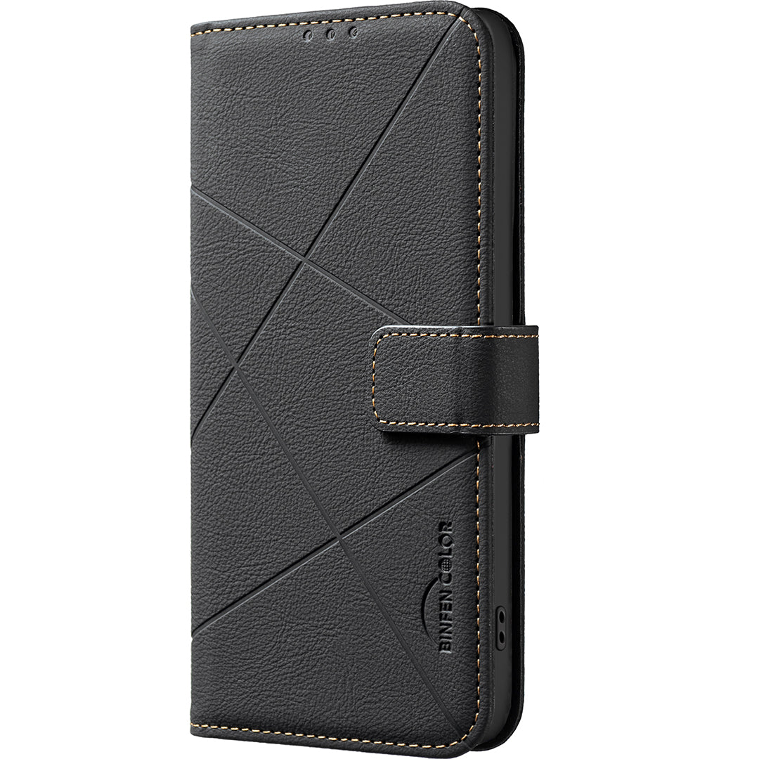 For Samsung Galaxy A57 5G Case BINFEN COLOR BF35 Geometry Imprinted Leather Phone Cover RFID Blocking Wallet Stand - Black