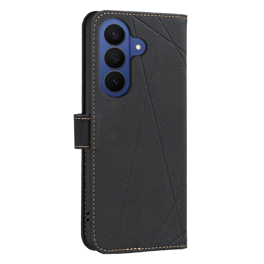 For Samsung Galaxy A57 5G Case BINFEN COLOR BF35 Geometry Imprinted Leather Phone Cover RFID Blocking Wallet Stand - Black