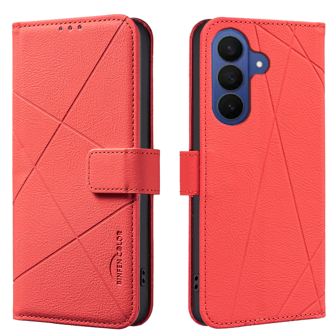 For Samsung Galaxy A57 5G Case BINFEN COLOR BF35 Geometry Imprinted Leather Phone Cover RFID Blocking Wallet Stand - Red