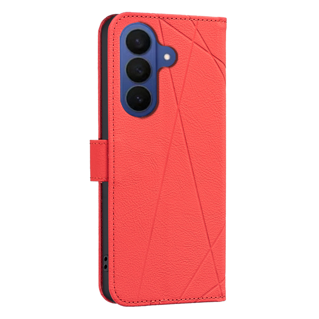 For Samsung Galaxy A57 5G Case BINFEN COLOR BF35 Geometry Imprinted Leather Phone Cover RFID Blocking Wallet Stand - Red